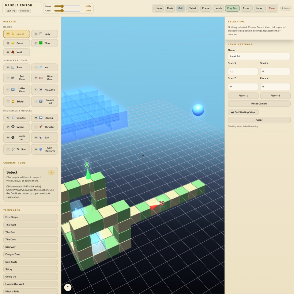 The Dandle level editor with a palette of blocks on the left, a 3D view of a level in the middle and level settings on the right