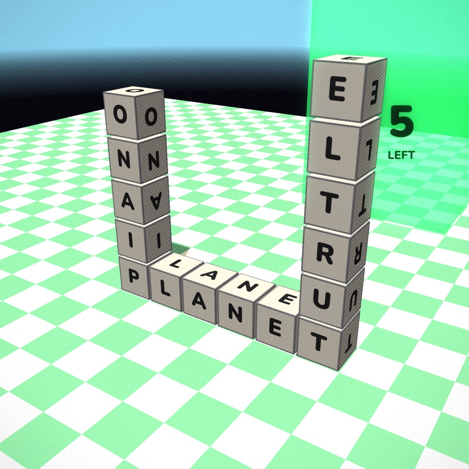 Letter cubes spelling PLANET on a green checkerboard floor, with PIANO and TURTLE built straight up from it