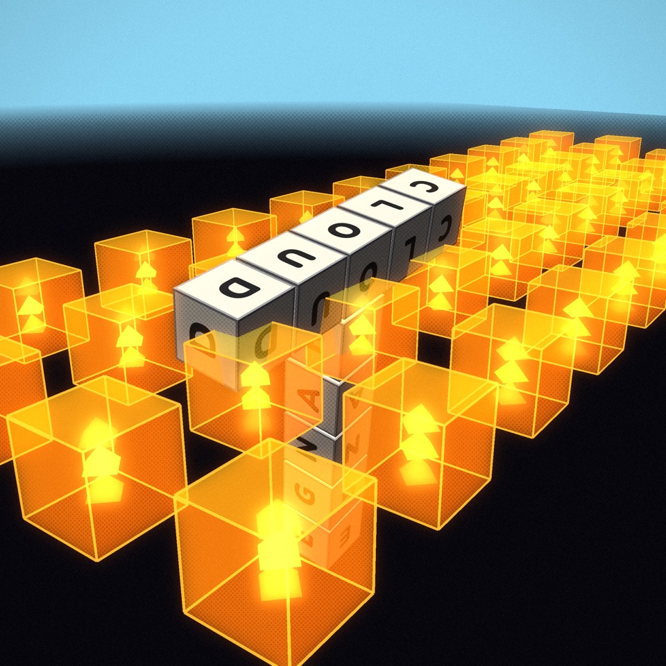 The word CLOUD being thrown into the air by a field of glowing orange impulse blocks
