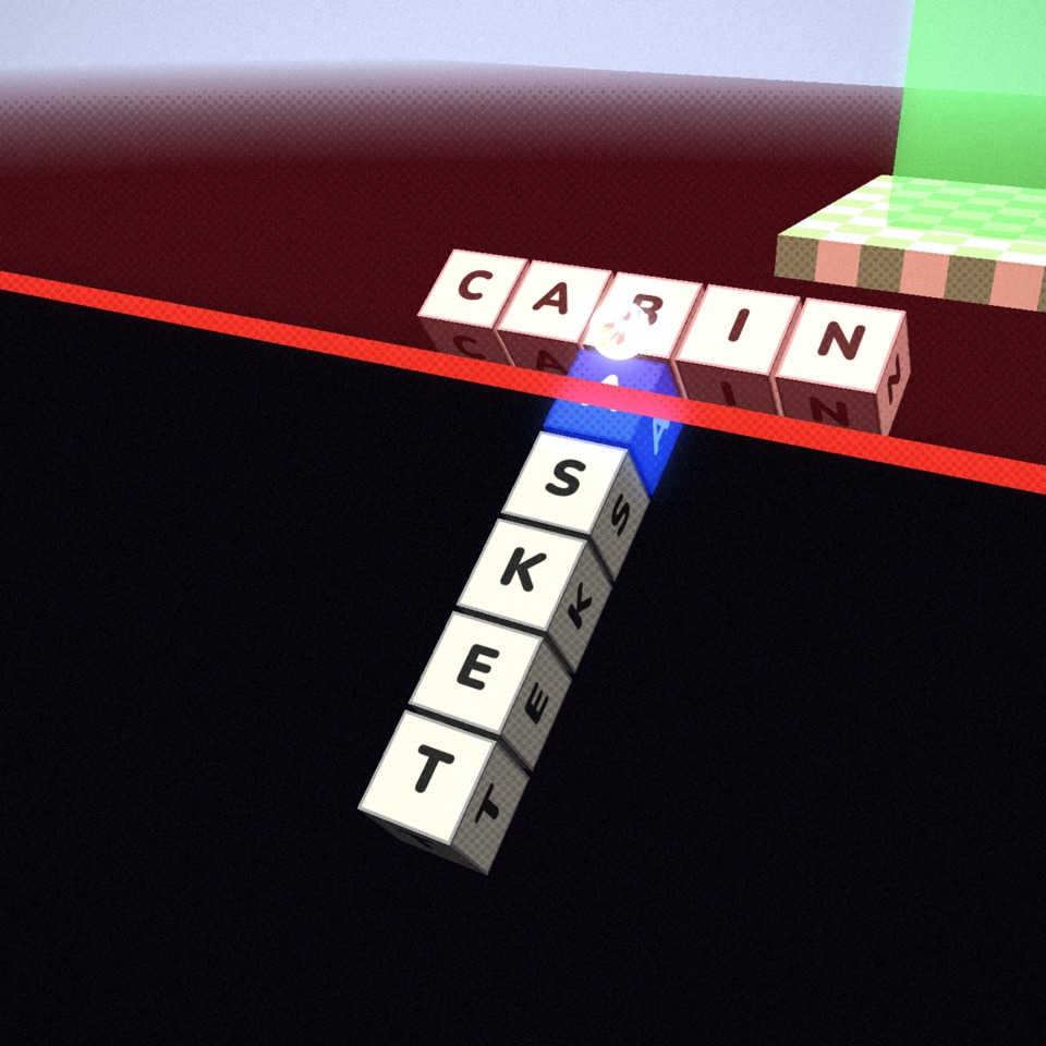 A T-shaped word structure flying under a glowing red ceiling zone