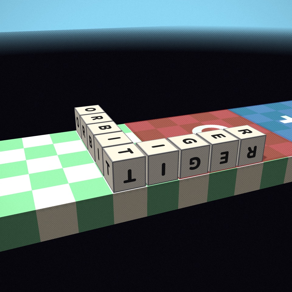 The words ORBIT and TIGER crossing red and blue letter-zone tiles
