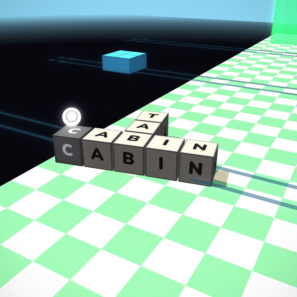 A word structure driving along a road while blue moving blocks cross in the distance