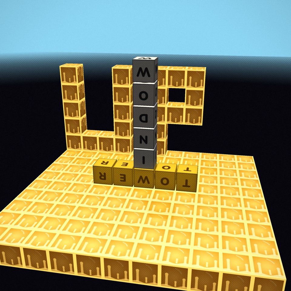 A tower of letters spelling WINDOW rising from a yellow honey-block floor shaped like the word UP