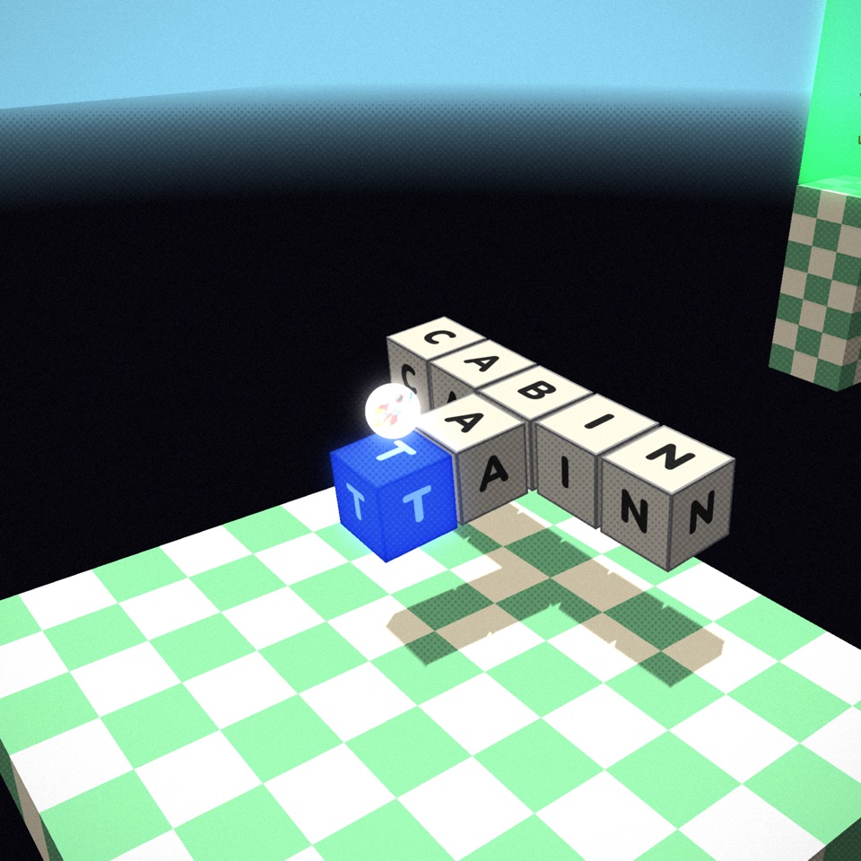 A structure with a blue thruster block hovering in the air beside a tall green goal tower